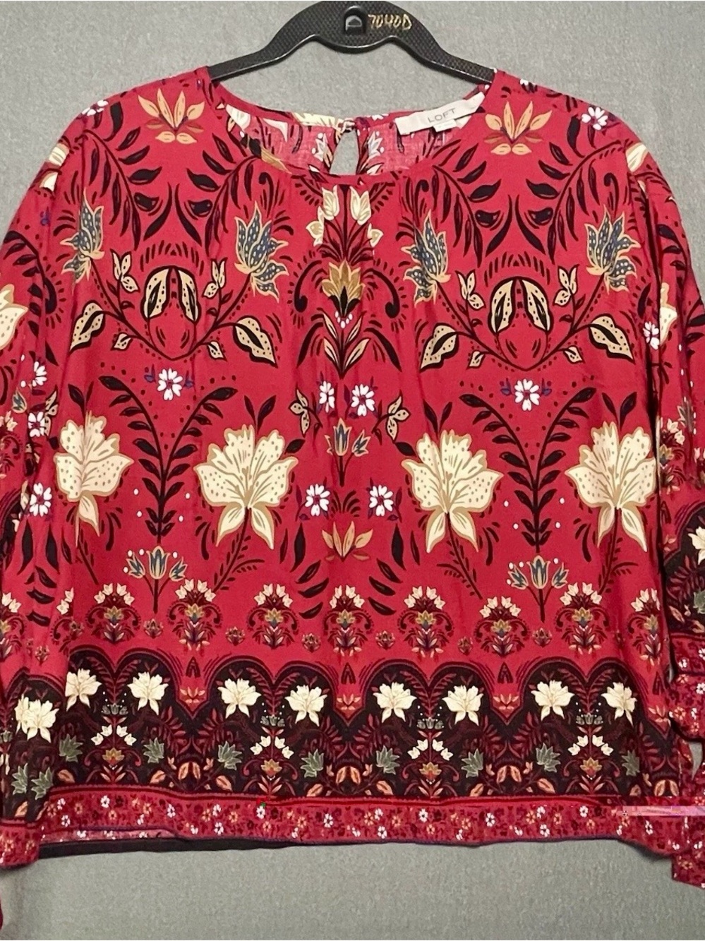 LOFT Petite Small SP Red Floral Boho Tie Sleeve Blouse NWT